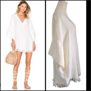 IRO 'Emerald' V-Neck Linen Mini Euro Caftan Dress Ecru w/Fringe Hem Sz 34/small